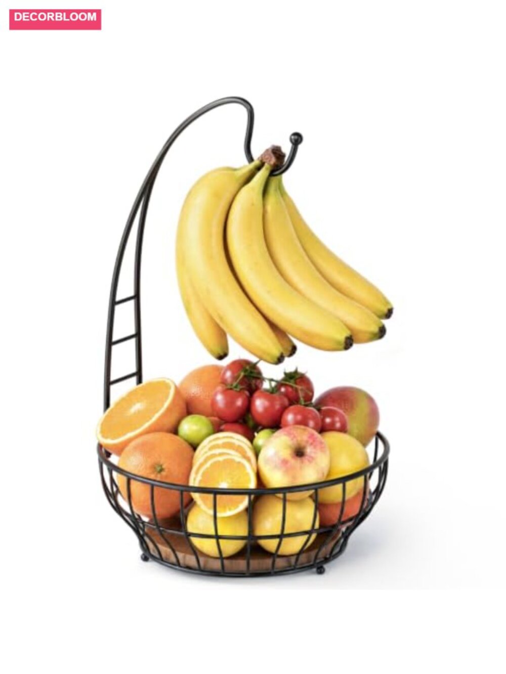 Large Fruit Basket Wooden Base Banana Hanger Countertop Produce Storage